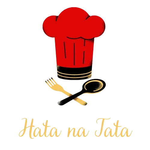 A fork and spoon crossed beneath a chef's hat in black and red, with text 'Hata na Tata' underneath