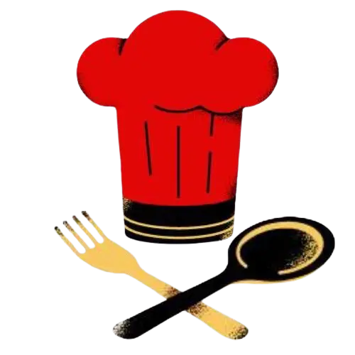 A stylized fork and spoon crossed beneath a chef's hat, designed in bold black and red colors.